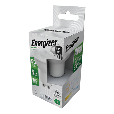 The packaging for the Energizer 2W GU10 Non-Dimmable LED Bulb - Cool White, 4000K is eye-catching, featuring a cheerful lightbulb character set against refreshing white and green tones. It emphasizes its energy efficiency, extended lifespan, and remarkable brightness.