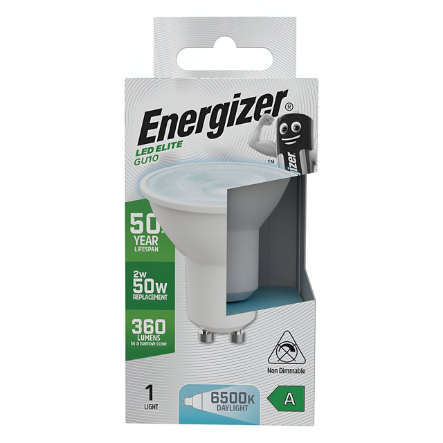 The image features an Energizer 2W GU10 Non-Dimmable LED Bulb in its packaging, highlighting its impressive attributes such as a 50-year lifespan and daylight output. Replacing a 50W bulb, this energy-efficient product with an A rating provides 360 lumens at a bright 6500K color temperature.