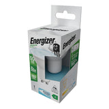 The packaging for the Energizer 2W GU10 Non-Dimmable LED Bulb highlights its energy efficiency and daylight output. Featuring a cartoon light bulb character, the box emphasizes its key attributes, such as a remarkable 50-year lifespan, 2W power equivalent to traditional higher wattages, and illumination at a bright 6500K light spectrum.