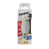 Packaging of the Energizer 4.2W Dimmable LED Candle Bulb Opal - Warm White, featuring a B22 base. This energy-efficient bulb shines with a brightness of 470 lumens and is equivalent to a 40W traditional bulb. With a lifespan of up to 15 years, it offers versatile ambiance with its dimmable feature, emits warm white light at 2700K, and holds an energy rating of E.