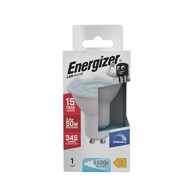 The packaging for the Energizer 3.6W GU10 Dimmable LED Bulb in daylight (6500K) colors highlights features such as a 15-year lifespan, energy-efficient power usage at 3.6W that can replace a 50W bulb, and delivers bright illumination of 345 lumens, all presented through an eye-catching design.