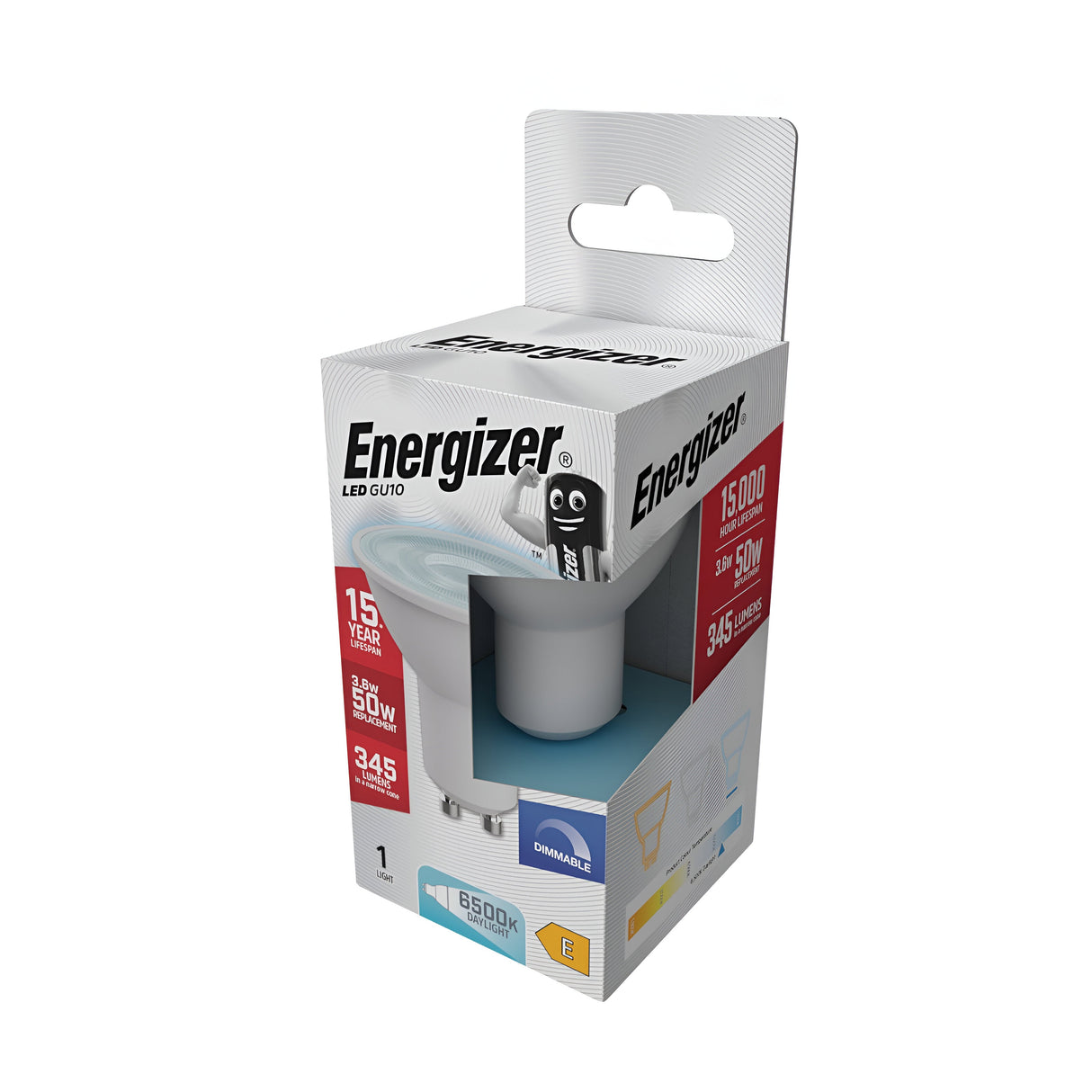 The packaging for the Energizer 3.6W GU10 Dimmable LED Bulb - Daylight, 6500K emphasizes its impressive 15-year lifespan and energy-efficient design, equivalent to a traditional 50W bulb. It delivers 345 lumens of bright daylight at a color temperature of 6500K. An illustration of the bulb highlights its versatility as a dimmable LED solution for various lighting needs.