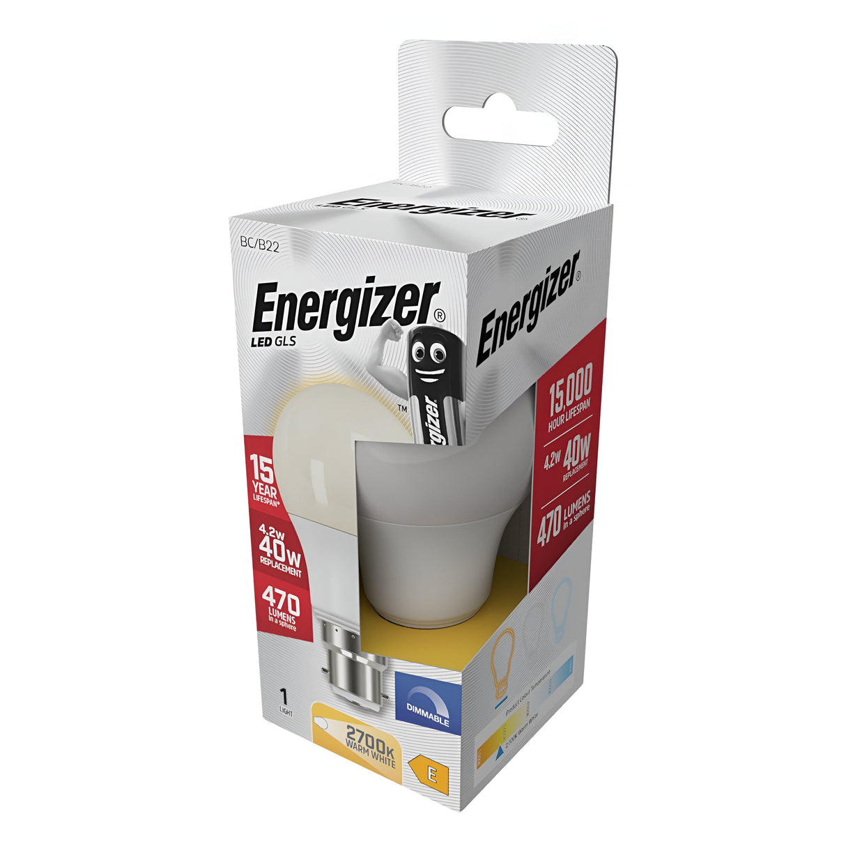 The packaging for the Energizer 4.2W Dimmable LED GLS Bulb showcases its energy-efficient design, boasting a lifespan of 15,000 hours. This bulb provides an output equivalent to a traditional 40W bulb while consuming only 4.2W of power. It emits 470 lumens in warm white light at a color temperature of 2700K and has an energy rating of E. The image features a cartoon battery character for added appeal.
