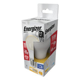 The packaging of the Energizer 4.2W Non-Dimmable LED GLS bulb highlights its energy-efficient features with ratings and specifications prominently displayed. The box includes a smiling bulb character and emphasizes its 6500K color temperature, equivalent to a 40W incandescent bulb, offering a brightness of 470 lumens in warm white. The product boasts an impressive lifespan of 15,000 hours.