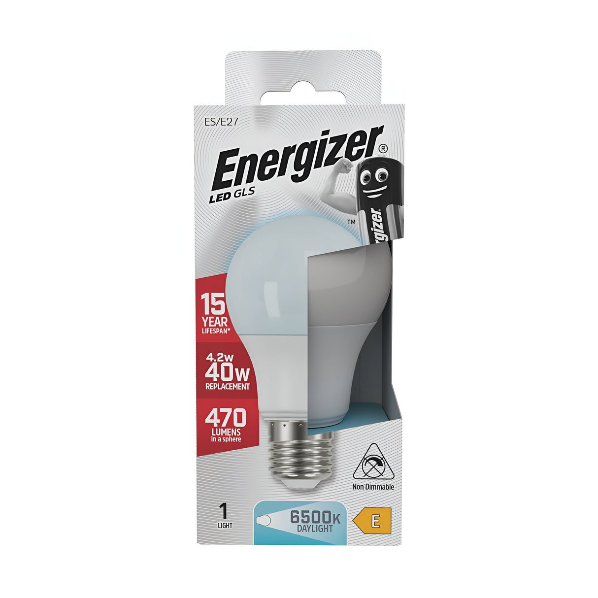 Illuminate your space with the Energizer 4.2W Non-Dimmable LED GLS Bulb - Daylight, E27, 6500K, designed to provide a bright daylight glow of 6500K. This energy-efficient bulb consumes only 4.2 watts, making it an ideal replacement for traditional 40-watt bulbs while delivering a brightness of 470 lumens. The packaging features a fun battery character and guarantees an impressive lifespan of up to 15 years.