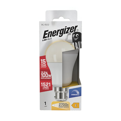 The packaging of the Energizer 12.6W Dimmable LED GLS Bulb - Warm White, B22, 2700K emphasizes its energy-efficient qualities, featuring a warm white color of 2700K, dimmability, and an output of 1521 lumens. Designed as a replacement for a traditional 100W bulb, it consumes just 12.6W and offers an impressive lifespan of up to 15 years. The box is predominantly colored in white and yellow.