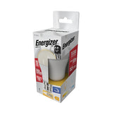 An Energizer 12.6W Dimmable LED GLS Bulb in Warm White (B22, 2700K) is displayed in its energy-efficient packaging. The box prominently features the Energizer logo and battery image, with yellow text highlighting a lifespan of 15,000 hours. It serves as a replacement for a 100W bulb and provides 1521 lumens of light.