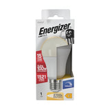 Image of the Energizer 12.6W Dimmable LED GLS Bulb - Warm White, E27, 2700K in its packaging. The box highlights features such as energy-efficient lighting with a 15-year lifespan, equivalent to a 100W bulb, offering 1521 lumens and dimmable warm white light at 2700K. The packaging also includes a smiling battery character.