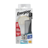 The Energizer 12.6W Dimmable LED GLS Bulb provides energy-efficient lighting with a lifespan of up to 15 years. It delivers 1521 lumens and features a daylight color temperature of 6500K, making it ideal for ambient environments. The bulb comes with a B22 base and is packaged in a predominantly white box accented by bold red and blue designs.