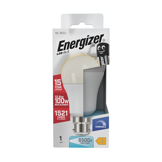 The Energizer 12.6W Dimmable LED GLS Bulb provides energy-efficient lighting with a lifespan of up to 15 years. It delivers 1521 lumens and features a daylight color temperature of 6500K, making it ideal for ambient environments. The bulb comes with a B22 base and is packaged in a predominantly white box accented by bold red and blue designs.