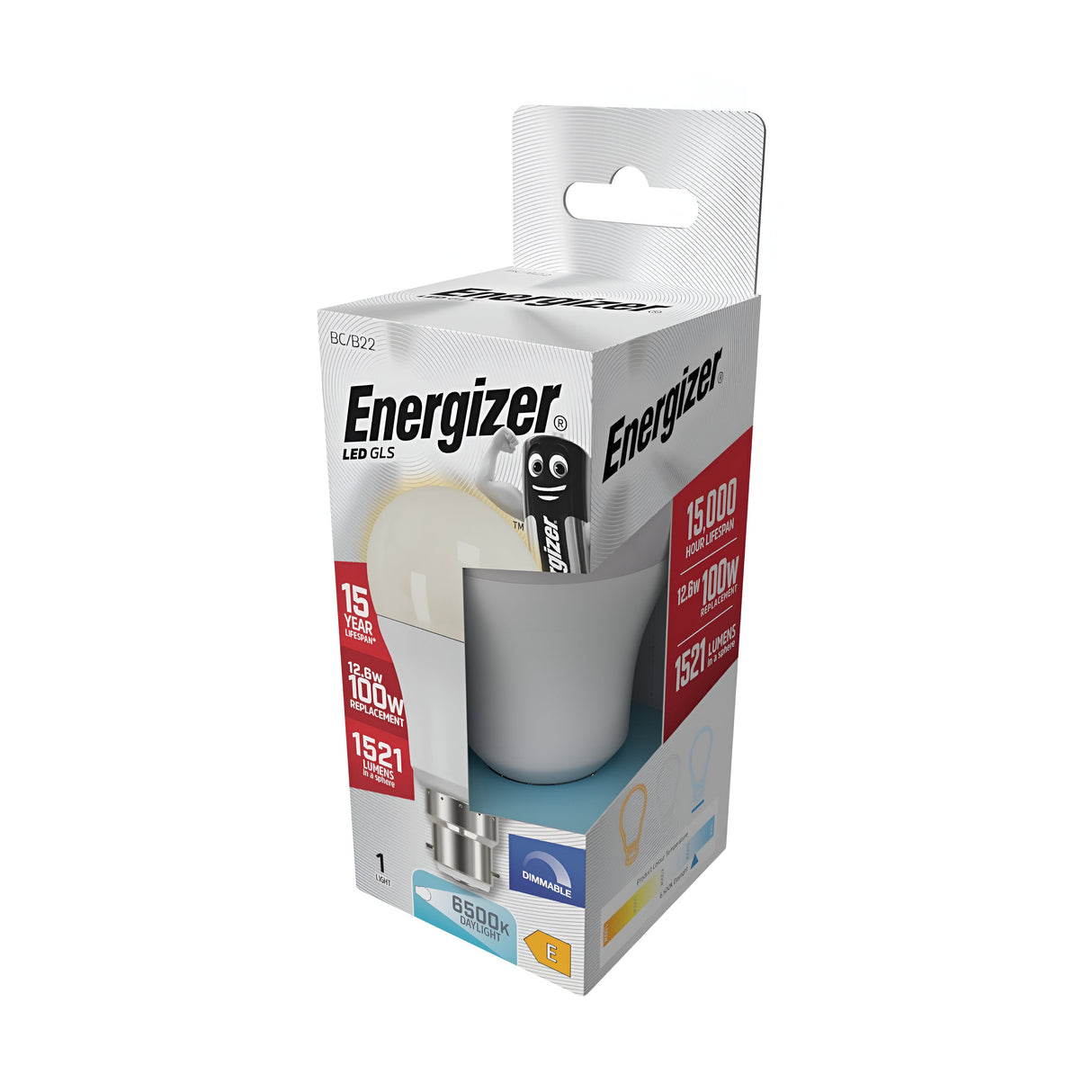 Image of an Energizer 12.6W Dimmable LED GLS Bulb box with daylight, B22, and 6500K specifications. The packaging highlights energy-efficient lighting features, including a lifespan of 15,000 hours and a brightness of 1521 lumens, equivalent to a traditional 100W bulb. Emphasizing its daylight color temperature, the product underscores superior energy efficiency.
