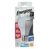 The image features the Energizer 4.2W Dimmable LED GLS Bulb in its packaging, highlighting its dimmable lighting and energy efficiency. It offers a 4.2-watt output (60W equivalent), produces 806 lumens, and has an impressive 15-year lifespan with a crisp 6500K daylight tone. Additionally, the design includes a playful light bulb character.