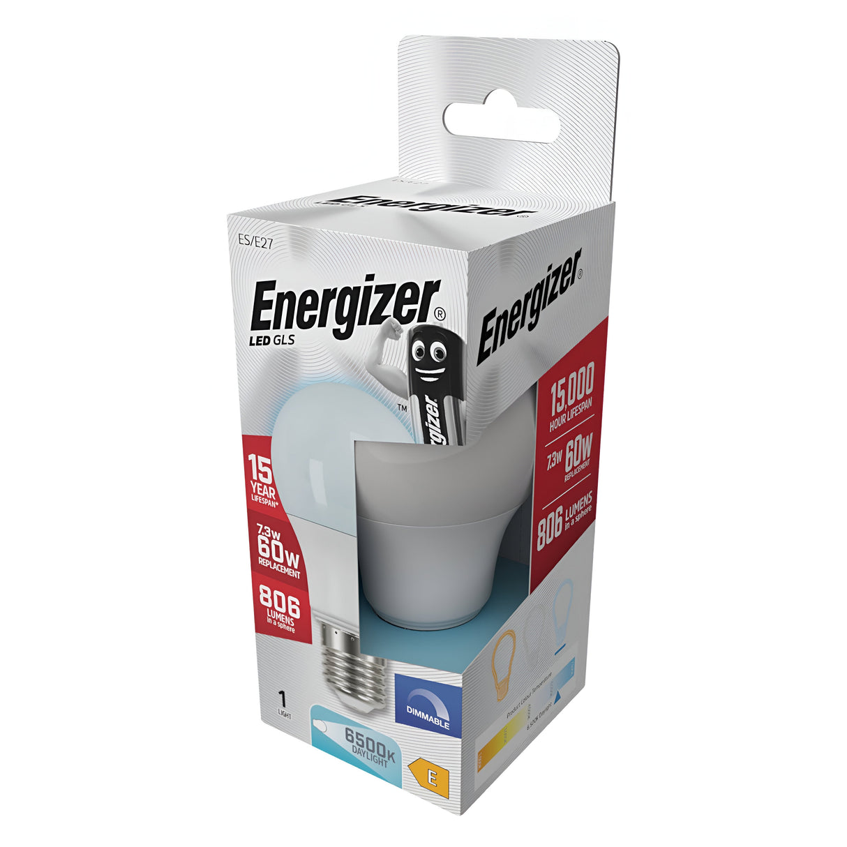 The packaging for the Energizer 4.2W Dimmable LED GLS Bulb - Daylight, E27, 6500K highlights features such as a 15,000-hour lifespan, an equivalent of 60W, a brightness of 806 lumens, and a crisp color temperature of 6500K. The predominantly white box is adorned with colorful accents and includes a convenient top handle for easy carrying.