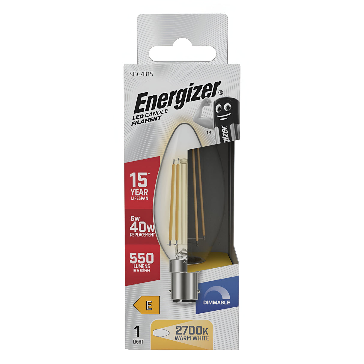 The Energizer 5W Dimmable LED Candle Filament Bulb - Warm White, B15, 2700K features an Energy Class E rating, emphasizing its energy-efficient design. This bulb produces 550 lumens of cozy warm white light at 2700K, equivalent to a traditional 40W bulb, and offers an impressive lifespan of up to 15 years.