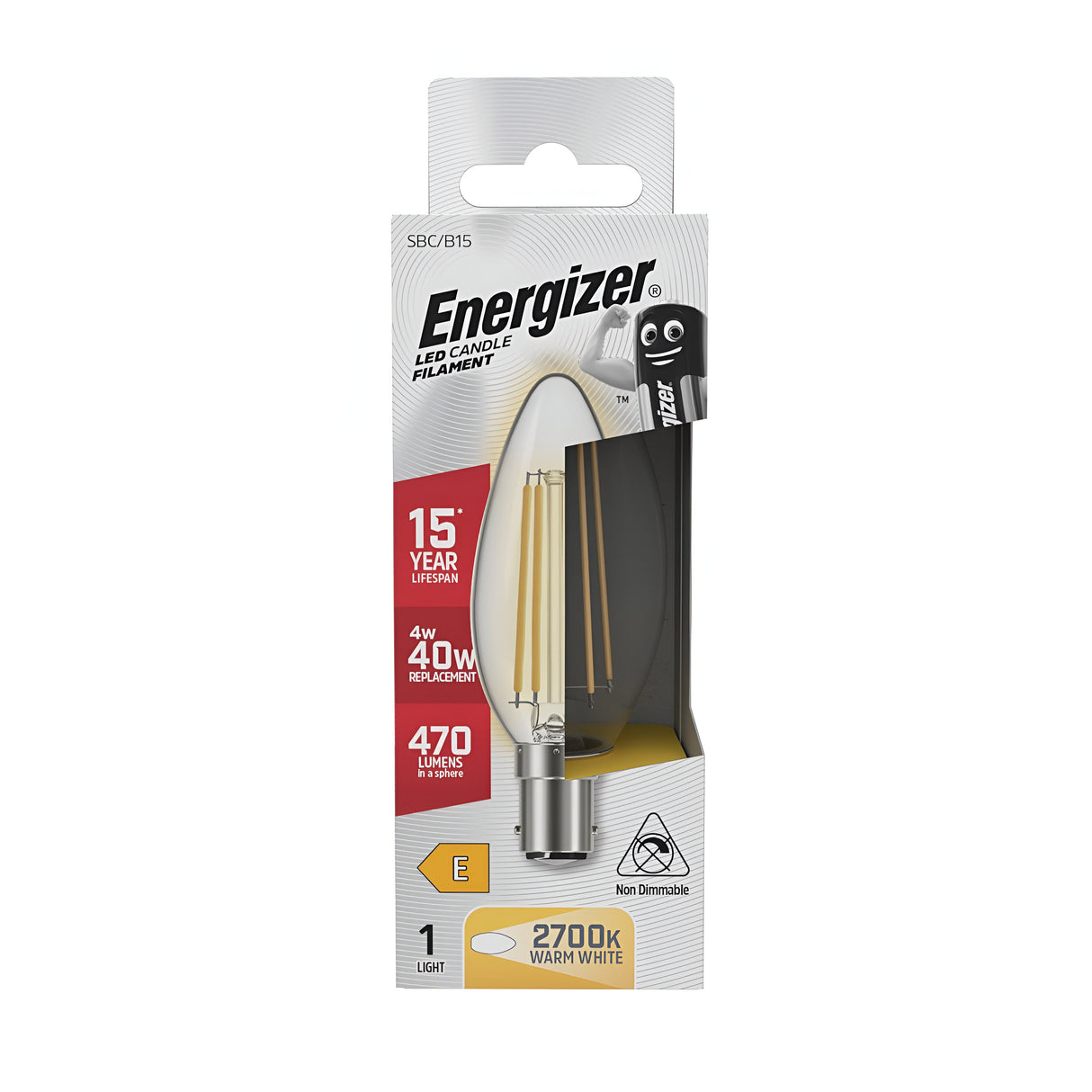 The packaging of the Energizer 4W Non-Dimmable LED Candle Filament Bulb - Warm White, B15, 2700K emphasizes its energy-saving features, boasting a lifespan of up to 15 years. It delivers 470 lumens and serves as a 40W equivalent, providing warm white light at a color temperature of 2700K. The bulb is presented in an elegant white package accented with yellow details.