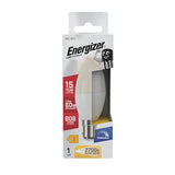 The packaging for the Energizer 7.3W Dimmable LED Candle Bulb - Warm White, B15, 2700K highlights its remarkable features, such as a B15 bayonet cap for easy installation, an impressive 15-year lifespan, energy-efficient performance equivalent to a traditional 60W bulb, and warm dimmable lighting at 806 lumens. The package includes one bulb.