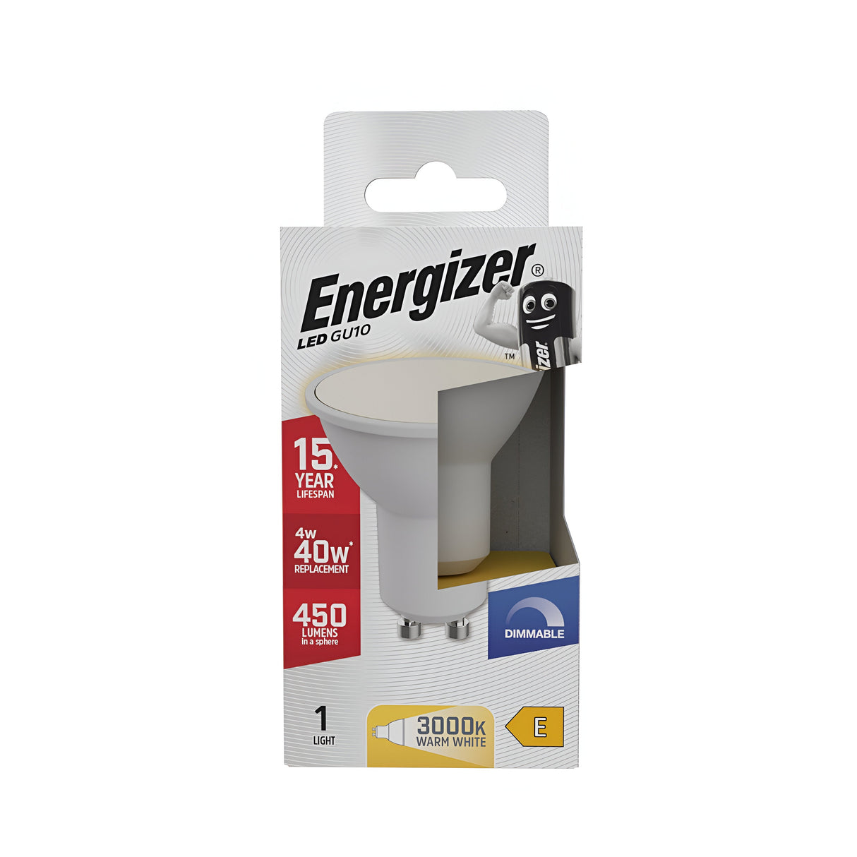 The packaging for the Energizer 4.2W GU10 Dimmable LED Bulb - Warm White, 3000K is prominently displayed. This energy-efficient bulb serves as a replacement for a traditional 40W bulb, offering 450 lumens of brightness and creating a cozy warm white light at 3000K with an impressive lifespan of up to 15 years. The box design features striking white with red and blue accents.