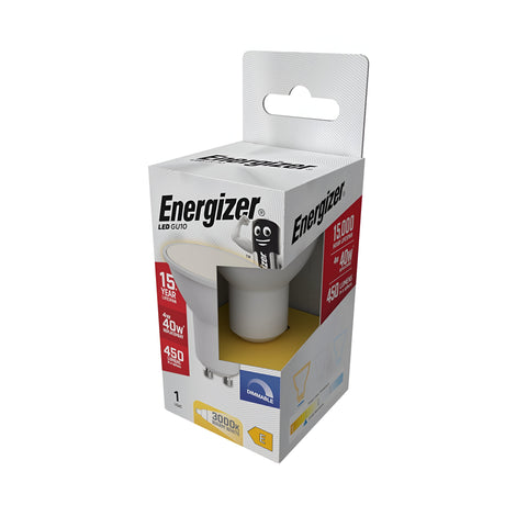 Packaging of the Energizer 4.2W GU10 Dimmable LED Bulb in Warm White, 3000K. The box displays energy efficiency information, featuring a lifespan of 15,000 hours, equivalent to a 40W bulb and offering 450 lumens. It emphasizes the dimmability of the bulb and includes an image of the product.