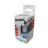 The packaging for the Energizer 4W GU10 Dimmable LED Bulb - Daylight, 6500K highlights its energy efficiency and features a 15,000-hour lifespan with a usage expectation of up to 15 years. It provides 450 lumens of brightness equivalent to a traditional 40W bulb and offers a crisp color temperature of 6500K. These specifications are prominently displayed on the predominantly white box.