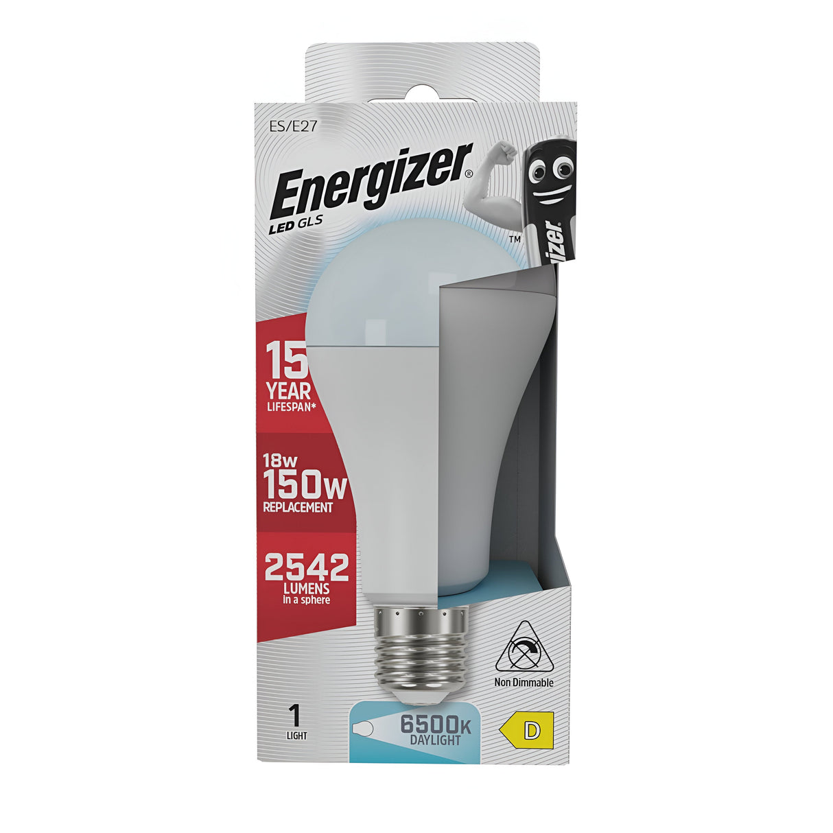 Image of the Energizer 18W Non-Dimmable LED GLS Bulb in its packaging. The box highlights its 15-year lifespan and energy-efficient power consumption, equivalent to a 150W bulb. It produces 2542 lumens with a daylight color temperature of 6500K and features an efficiency rating of D.