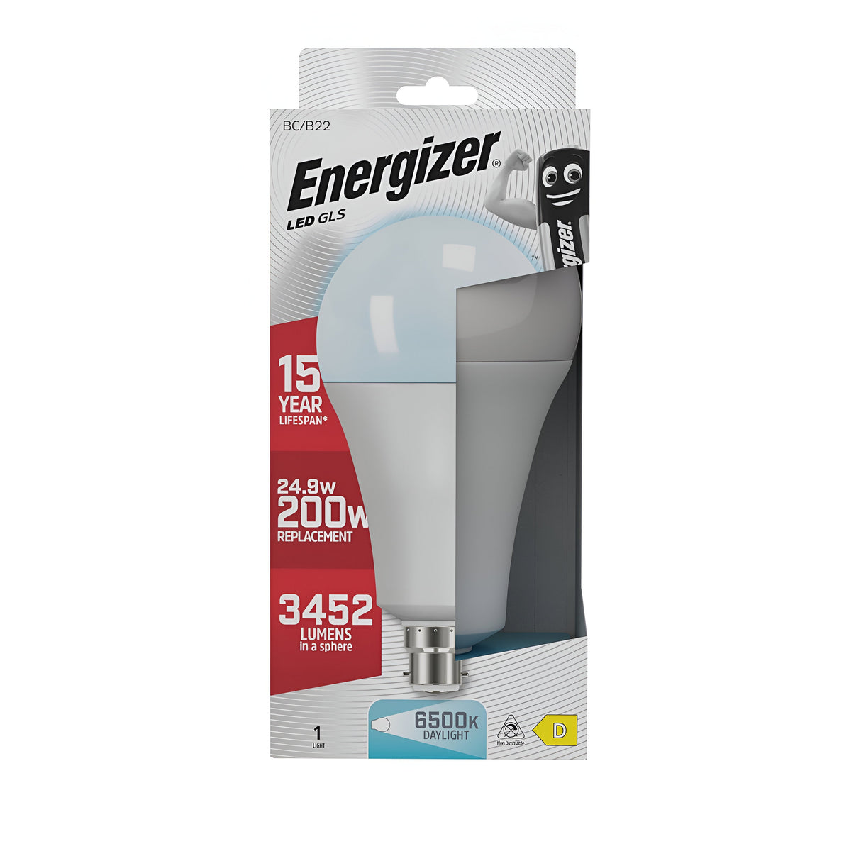 Packaging for the Energizer 24.9W Non-Dimmable LED GLS Bulb – Daylight, B22, highlighting a remarkable 15-year lifespan. This energy-efficient bulb replaces a 200W traditional bulb and offers a bright 6500K daylight hue with an output of 3452 lumens, visible through a transparent section.