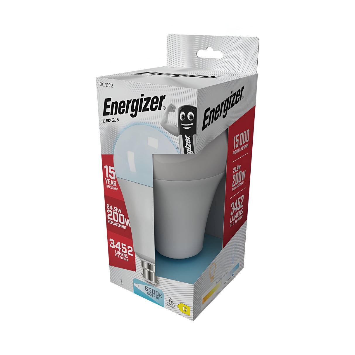 The packaging for the Energizer 24.9W Non-Dimmable LED GLS Bulb - Daylight, B22, 6500K highlights its energy efficiency with a power equivalent to 200W, a brightness of 3452 lumens, and a crisp daylight color temperature of 6500K. It features a lifespan of 15,000 hours and a modern design accented in white and red.