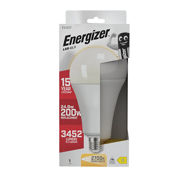 The Energizer 24.9W Non-Dimmable LED GLS Bulb in Warm White, E27 emits a cozy 2700K light and has an impressive lifespan of up to 15 years, outputting 3452 lumens while serving as a replacement for traditional 200W bulbs. The packaging is elegantly designed in white with lively red and yellow accents.