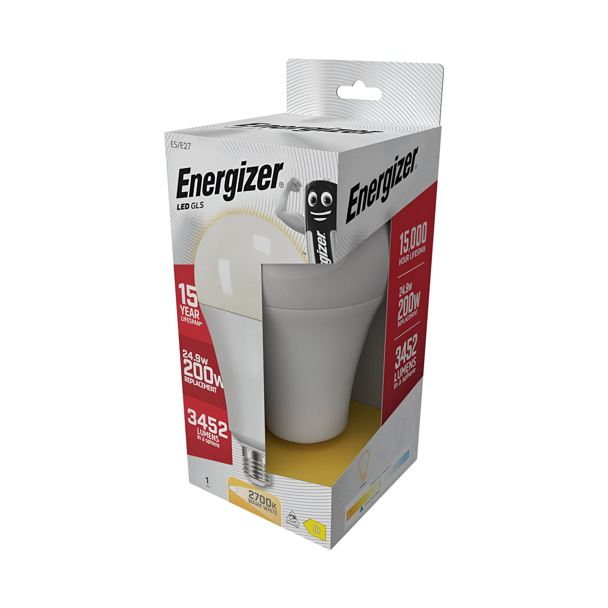 The packaging of the Energizer 24.9W Non-Dimmable LED GLS Bulb - Warm White, E27, 2700K features an image of the bulb and highlights its impressive brightness with 3452 lumens. It offers a long lifespan of 15 years and provides up to 15,000 hours of energy-efficient light, serving as an ideal replacement for a 200W bulb at a comforting warm light temperature of 2700K.