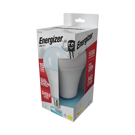 An Energizer 24.9W Non-Dimmable LED GLS Bulb in its packaging is showcased, highlighting its energy efficiency with a 15,000-hour lifespan, power usage equivalent to 200W, an impressive brightness of 3452 lumens, and a sharp 6500K daylight color temperature.