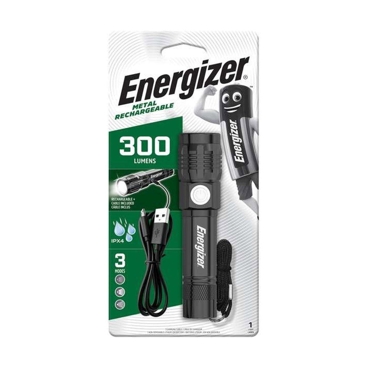 Energizer LED Metal Rechargeable Torch 300lm - IPX4, 3 Modes