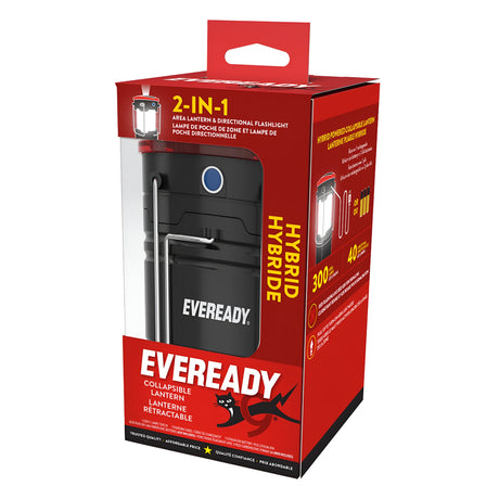 The packaging for the Eveready 2 in 1 Hybrid Powered Lantern 300 Lumen is designed in striking red, black, and white, featuring product illustrations and specifications. It claims a 300-hour runtime and highlights USB and battery charging capabilities for reliable emergency signaling.