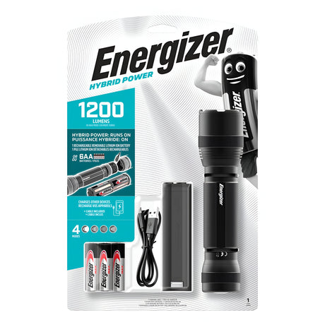 The packaging highlights the Energizer Rechargeable LED Torch 1200 Lumen - Batteries Included, offering 1200 Lumens of bright light. Within the package are the flashlight, three AA batteries, a rechargeable battery, and a charging cable. The text emphasizes its hybrid power capabilities with four tactical light modes.