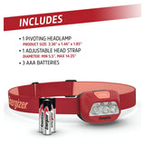 Image of the Energizer LED Head Torch in red, featuring a black adjustable strap and VisionGuard technology for eye protection. It includes three LED lights and comes with a set of three Energizer AAA batteries. The text details product dimensions, highlighting its adjustable head strap.