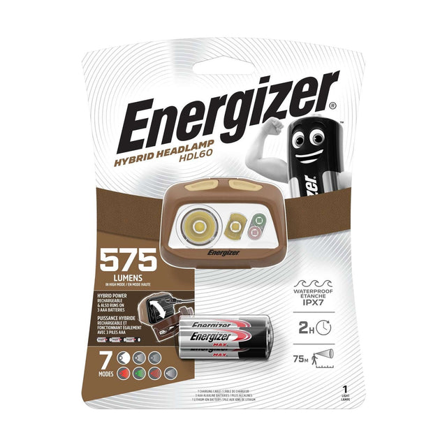 Energizer HDL60 Hybrid Head Torch 575lm - IPX7, Rechargeable retail pack