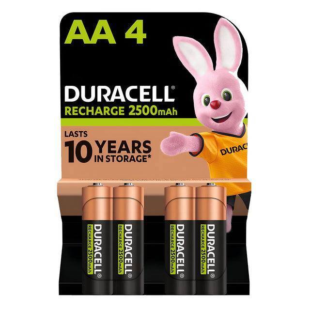 The package of four Duracell AA HR6 rechargeable batteries, each with a strong 2500mAh capacity, features the iconic Duracell bunny proudly displaying a sign that claims LASTS 10 YEARS IN STORAGE, highlighting their long-lasting power and dependability.