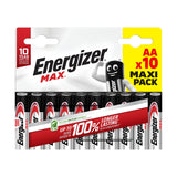 The Energizer Max AA LR6 Alkaline Batteries (10 Pack) features a leak-proof design showcased on the packaging by a playful cartoon battery character. Renowned for their longevity, these batteries offer an impressive 10-year shelf life to ensure reliable power for your devices.