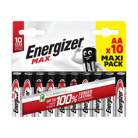 The Energizer Max AA LR6 Alkaline Batteries (10 Pack) features a leak-proof design showcased on the packaging by a playful cartoon battery character. Renowned for their longevity, these batteries offer an impressive 10-year shelf life to ensure reliable power for your devices.