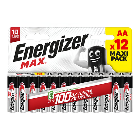 The packaging of Energizer Max AA LR6 Alkaline Batteries (12 Pack) showcases a cartoon battery character flexing an arm, emphasizing advanced leak protection and promising up to 100% longer-lasting power for dependable performance in all your devices.