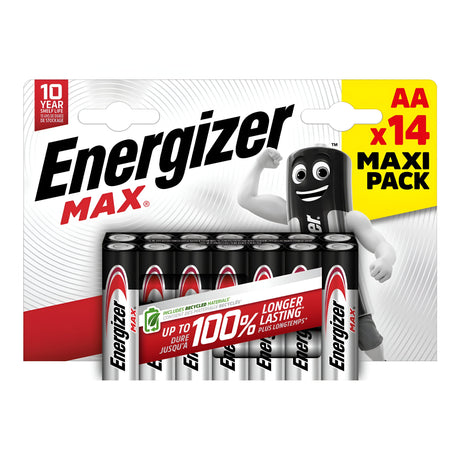 Visual representation of the Energizer Max AA LR6 Alkaline Batteries 14-pack, with packaging featuring a cartoon battery character. Highlighting their up to 100% longer-lasting power and leak-resistant design, these batteries offer a dependable energy solution with a shelf life of up to 10 years.