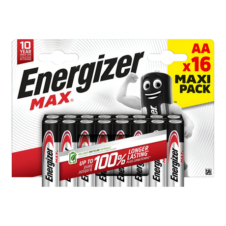 Package of Energizer Max AA LR6 Alkaline Batteries (16 Pack), featuring 16 leak-resistant, long-lasting batteries. The packaging includes a cheerful battery character and highlights their enduring power and 10-year shelf life.