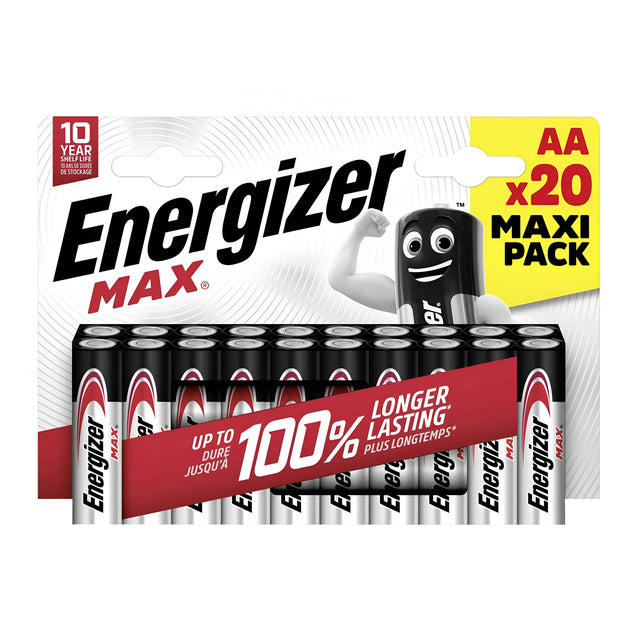 Package of Energizer Max AA LR6 Alkaline Batteries (20 Pack), featuring a cartoon battery character with a smiling face and flexed arm. The pack highlights being 100% longer lasting with a 10-year shelf life clearly in the text.