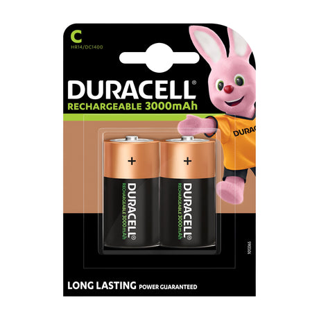 The Duracell C HR03 Rechargeable Batteries 3000mAh (2 Pack) display two batteries beneath the iconic Duracell Bunny mascot in the top right corner, promising reliability with a NiMH charger and featuring the bold assertion "Long Lasting Power Guaranteed.