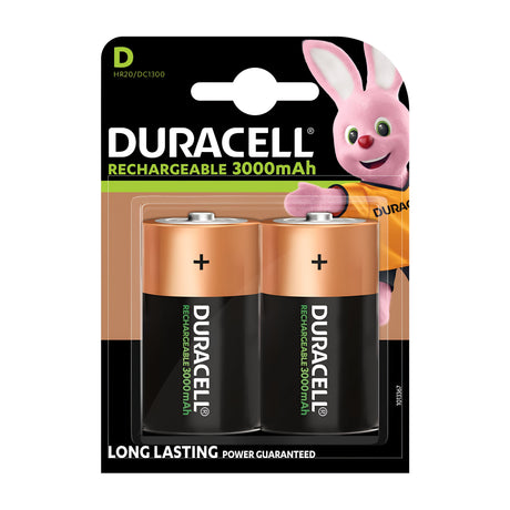 Two-pack of Duracell D HR20 Rechargeable Batteries, 3000mAh, featuring a Long-Life Ion Core and the iconic pink rabbit mascot on the right side of the packaging. The label reads Long Lasting Power Guaranteed.