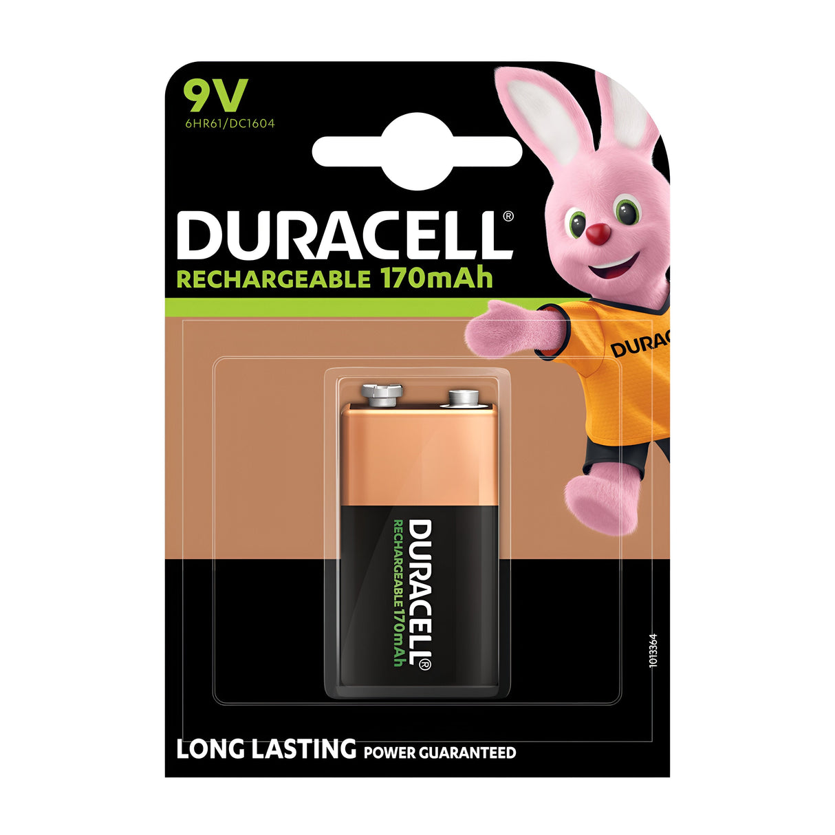 The Duracell 9V PP3 HR22 Rechargeable Battery 170mAh (1 Pack) features the well-known Duracell Bunny dressed in an orange shirt, proudly displaying its "Long Lasting Power Guaranteed" promise, which highlights the brand's dedication to sustainability.