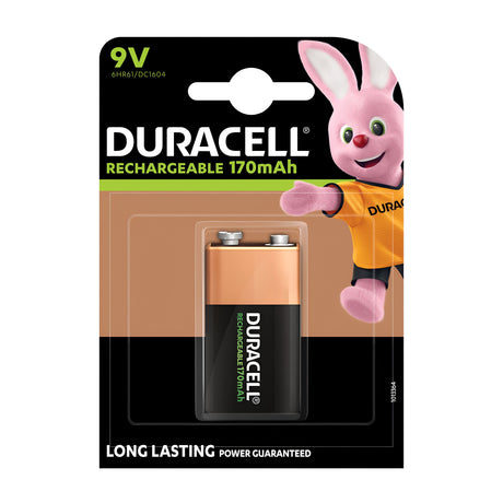 The Duracell 9V PP3 HR22 Rechargeable Battery 170mAh (1 Pack) features the well-known Duracell Bunny dressed in an orange shirt, proudly displaying its "Long Lasting Power Guaranteed" promise, which highlights the brand's dedication to sustainability.