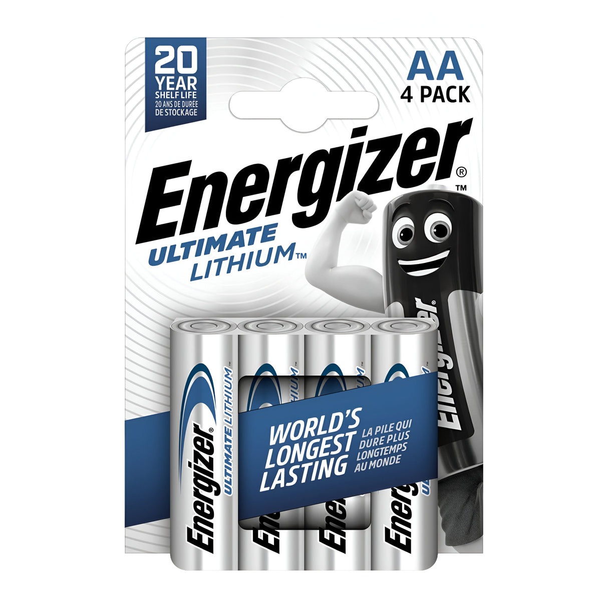 Energizer Ultimate AA L91 Lithium Batteries, 4-pack, are ideal for high-drain devices and are prominently marked as the world's longest-lasting batteries with an impressive 20-year shelf life. The top of the package features an animated battery character.