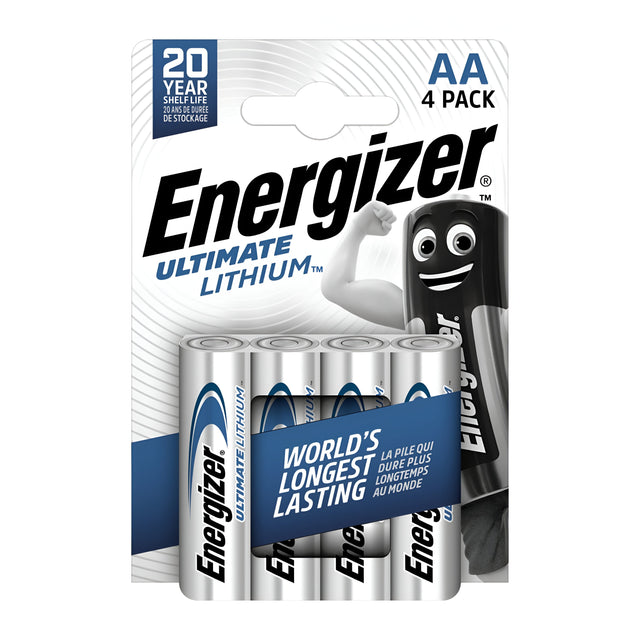 Energizer Ultimate AA L91 Lithium Batteries, 4-pack, are ideal for high-drain devices and are prominently marked as the world's longest-lasting batteries with an impressive 20-year shelf life. The top of the package features an animated battery character.