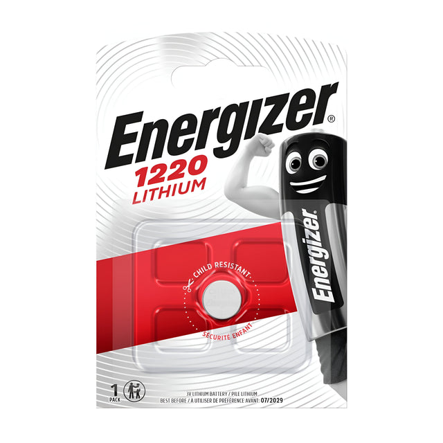 The packaging of the Energizer CR1220 Lithium Coin Cell Battery (1 Pack) features a cheerful battery mascot with a smile and a flexed arm. Renowned for its impressive longevity, this power source includes a child-resistant warning to enhance safety.