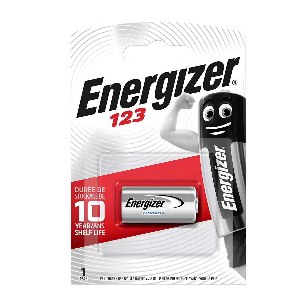 Image of Energizer CR123 Lithium Battery (1 Pack) packaging, featuring advanced lithium technology with the logo and a cartoon battery character flexing a bicep. The text emphasizes its 10-year shelf life, making it perfect for high-performance devices.