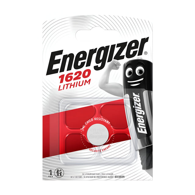 The packaging of the Energizer CR1620 Lithium Coin Cell Battery (1 Pack) features a red section highlighting the battery and indicating its child-resistant design. Next to it, a cheerful illustrated battery character is depicted with a smile and flexed arm, adding charm to this essential power source.